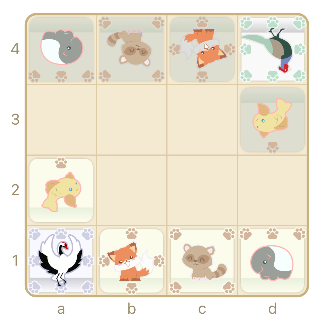 Shogi4 starting position on a 4 by 4 board, with the first player's crane, fox, raccoon-dog, tapir, and carp facing upward and the second player's pieces facing downward